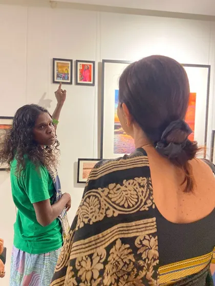 Glimpses from our "We Together Work" exhibition, where hand-printed textiles hang like art. These panels, created with the Bábbarra Women's Centre, tell ancestral stories through the medium of fabric.