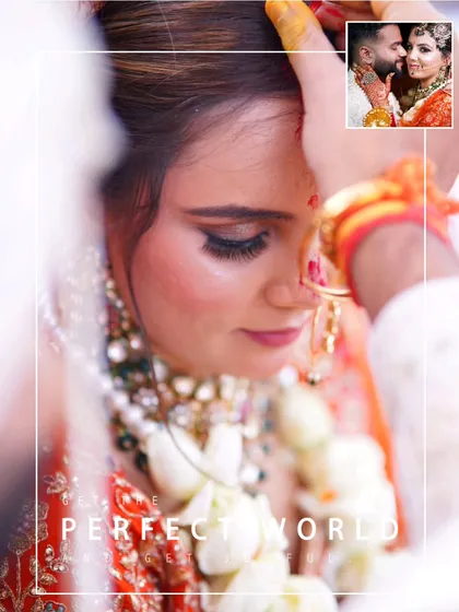A beautiful album page design, focusing on an emotional moment during the sindoor ceremony. The text overlay adds a storytelling element.