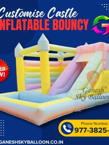 A promotional look at our pastel-themed inflatable castle. This design combines a safe jumping space with an attached slide, offering multiple ways for children to play.