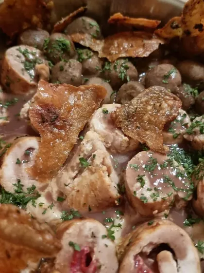 Mascarpone and Cherry Tomato stuffed Chicken Roulade with crispy skin. This rustic and flavourful dish was part of a special Italian menu we created for a consulate event.
