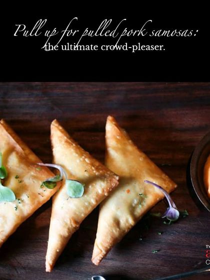 A unique fusion appetizer: Pulled Pork Samosas. This dish combines the classic Indian samosa with a modern, smoky pork filling, showcasing our innovative culinary approach.