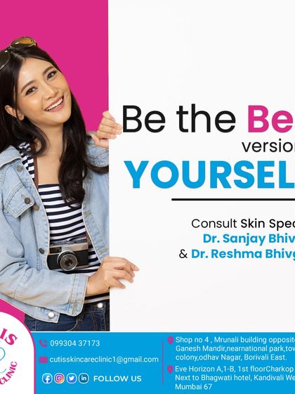 An inviting image encouraging you to be the best version of yourself by consulting with our skin specialists, Dr. Sanjay Bhivgade and Dr. Reshma Bhivgade. It reinforces our expertise in diagnosing and treating a wide range of skin and hair conditions.