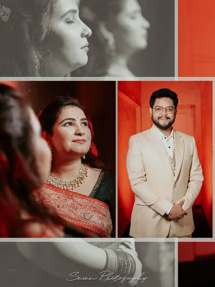 A stylish collage from an engagement event, featuring portraits of the couple and their family members.