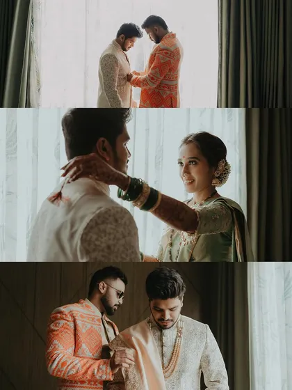 Candid getting-ready moments, showing the groom being helped by his groomsmen and the bride sharing a quiet moment.