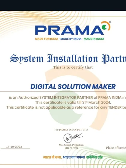I am an authorized System Installation Partner for PRAMA by HIKVISION. This certification means I am officially recognized for my expertise in installing and integrating their security products in the Delhi region.