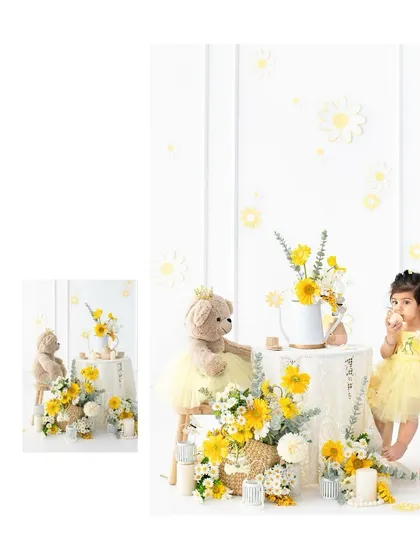 A collage showing the details of the yellow floral tea party theme. It gives a glimpse into the charming setup I created for this sunny and sweet toddler session.