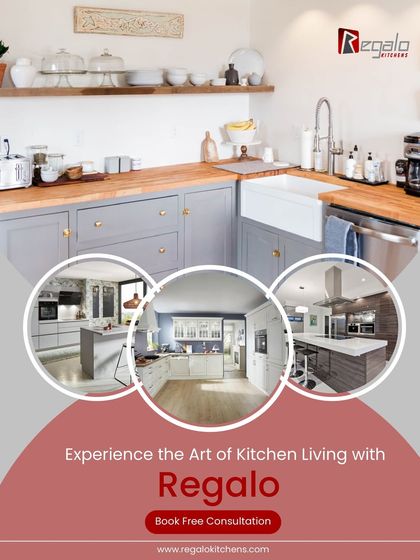 Experience the art of kitchen living with Regalo. This ad, featuring a collage of our beautiful designs, invites you to book a free consultation and create a space that inspires every meal.