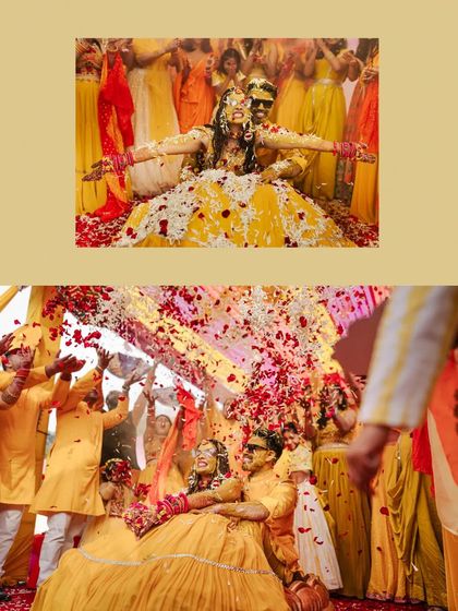 A collage capturing the couple's joy as they are showered with petals from all sides by their loved ones.