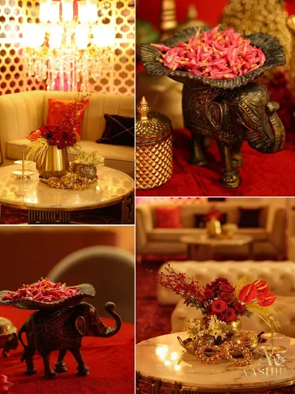 This collage highlights the small but significant details, from the elephant-shaped decor holding petals to the intricate floral arrangements on the coffee tables in the lounge area.