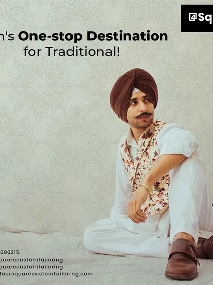 As a one-stop destination for men's traditional wear, we offer complete ensembles. This look combines a simple white kurta pajama with a floral print jacket and a classic brown turban, perfect for a daytime event or cultural function.