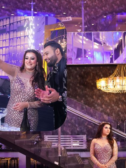 A creative collage from an engagement party. It blends a candid moment of the couple taking a selfie with a pensive portrait of the bride, showcasing the different emotions and moments of the night.