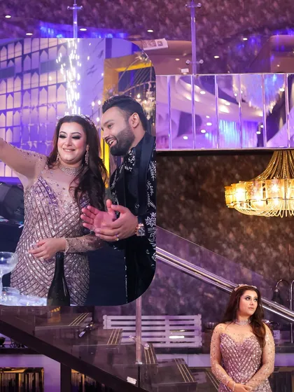 A creative collage from an engagement party. It blends a candid moment of the couple taking a selfie with a pensive portrait of the bride, showcasing the different emotions and moments of the night.