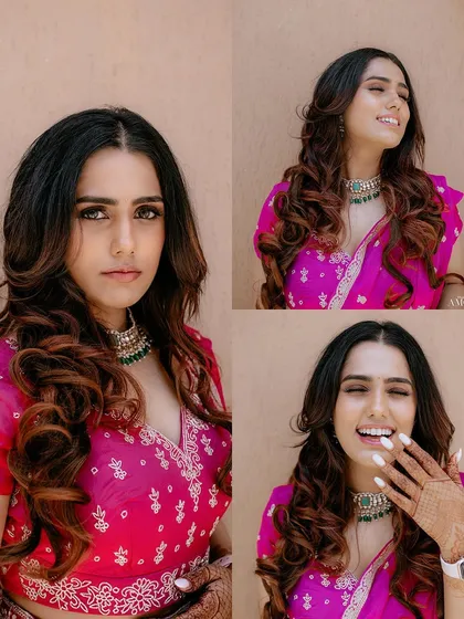 A collage of three beautiful bridal portraits, capturing a range of happy and serene expressions.