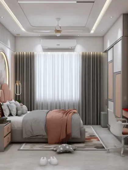 A kids' room with a beautiful arched mirror and a cozy bed. The design is simple, elegant, and can easily be adapted as the child grows.