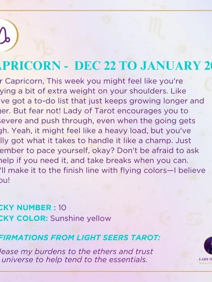 This week's tarot guidance for Capricorn. You might feel like you're carrying a bit of extra weight on your shoulders. Persevere and push through, you'll make it to the finish line.