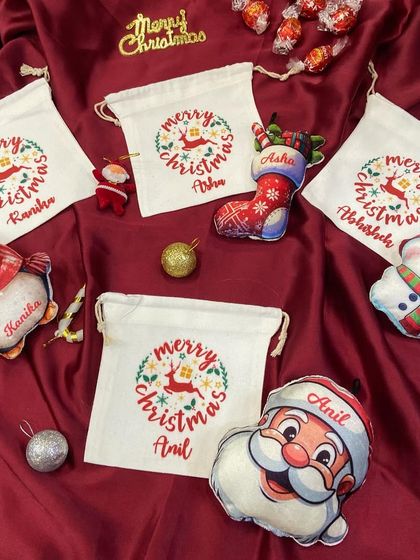 Straight from Santa's workshop. Our personalised Christmas plush ornaments and goodie bags are perfect for decorating your tree or giving as party favors.