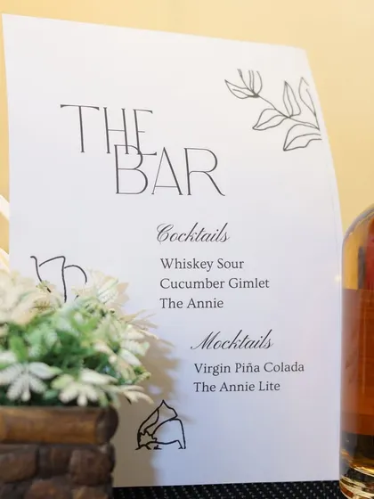 We believe every party is unique, so your drinks should be too. This is a custom bar menu we created for a client's birthday, featuring signature cocktails like "The Annie" and mocktails for all guests to enjoy.
