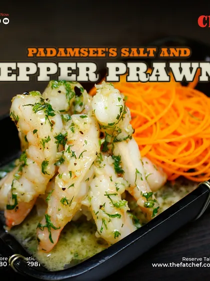 A tantalizing seafood delight. Padamsee's Salt and Pepper Prawns are a simple yet incredibly flavorful appetizer that will leave you craving more.