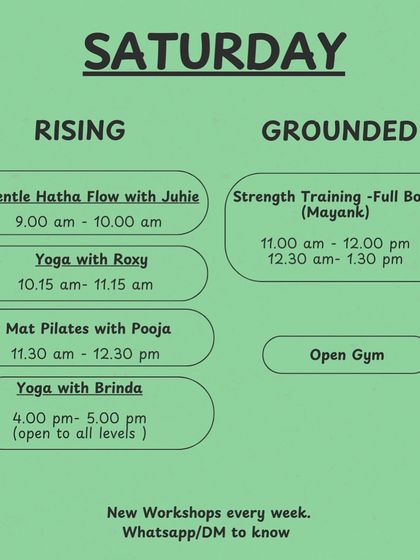 A sample Saturday schedule, showing a mix of yoga, pilates, and strength training to keep your weekend active and balanced.