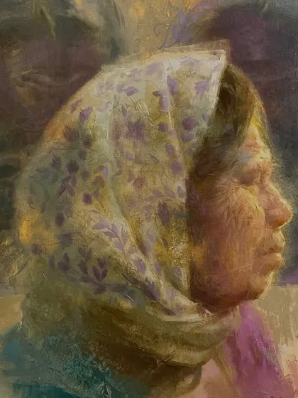 A profile portrait from the "Echoes in Her Eyes" series, showing an older woman in a patterned headscarf.