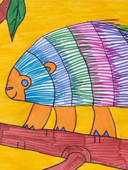 This colorful armadillo drawing is a wonderful study in patterns and texture, using curved lines to create the look of the animal's shell.