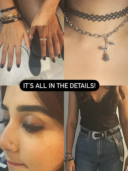 It's all in the details! A collage of accessory and makeup details from the 'Razdariyan' music video shoot, showing how small elements like rings, chokers, and belts complete a look.