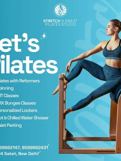 "Let's Pilates." This graphic lists our diverse offerings, from reformers and spinning to HIIT and TRX, along with our premium amenities like showers and valet parking.