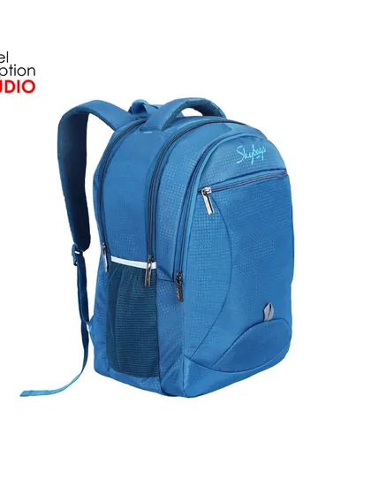An alternate three-quarter view of the blue backpack, providing another angle for customers.