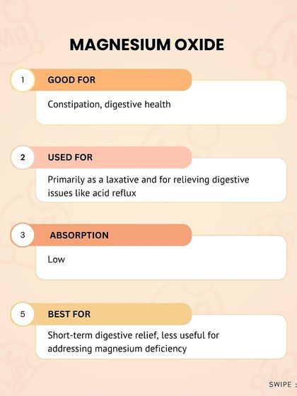 Magnesium Oxide is primarily used for digestive issues like constipation and acid reflux, but it has low absorption for addressing a deficiency.