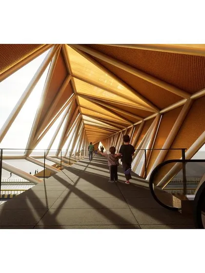 The interior of the footbridge is a tunnel of light and shadow, with the structural frame creating a rhythmic pattern. Openings provide views out to the surrounding landscape.