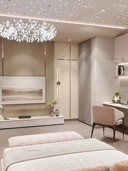When pink is your client's favorite color, we make it modern and luxurious. This room blends pink and grey with a bold painting, a starry-sky ceiling, and a dedicated study area for a sophisticated yet fun space.