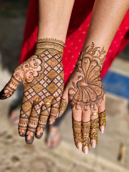 A unique design combining a peacock on one hand with a traditional checkerboard (jaal) pattern on the other.