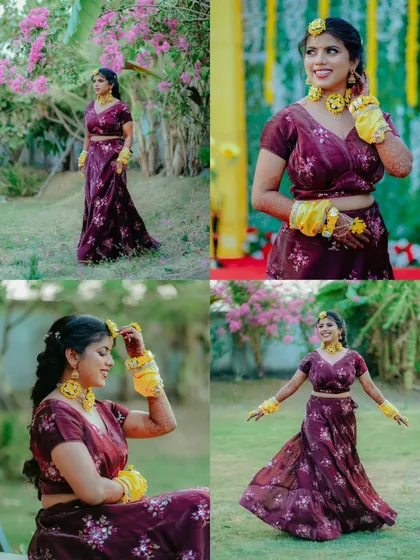 A collection of four portraits of the bride enjoying her Haldi day in a lovely garden setting.