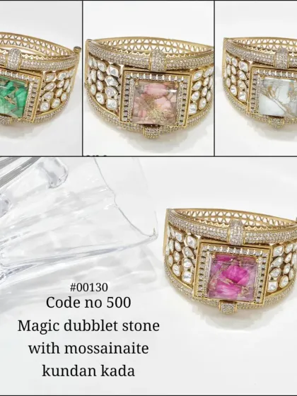An exclusive premium quality Kundan kada featuring a magic dubblet stone. This image shows five different color options, from green and pink to multi-color, all with sparkling mossainite Kundan.