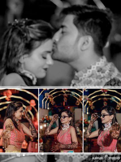 A fun and vibrant collage from a Mehendi or Sangeet ceremony, filled with dance, laughter, and tender moments.