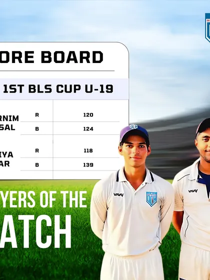 The scorecard celebrating the twin centuries by Swarnim Bansal (120) and Aditya Kumar (118) in the 1st BLS Cup U-19.