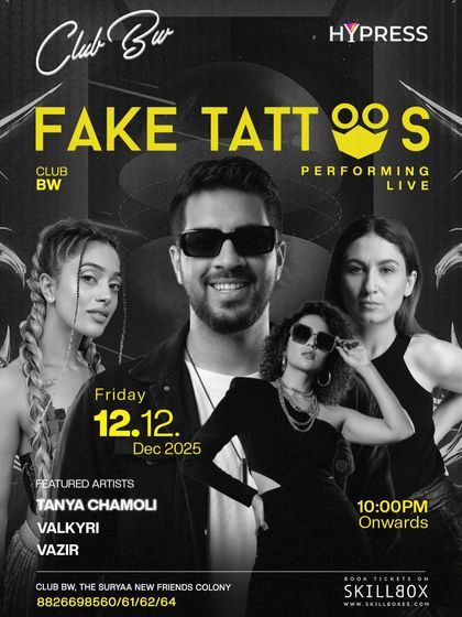 A poster for a Fake Tattoos performance at Club BW. We work with a wide range of venues, from large stadiums to intimate clubs.