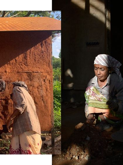 Women masons applying mud plaster at Cheerville. The play of light and shadow highlights their focused work as they transform earth into architecture.