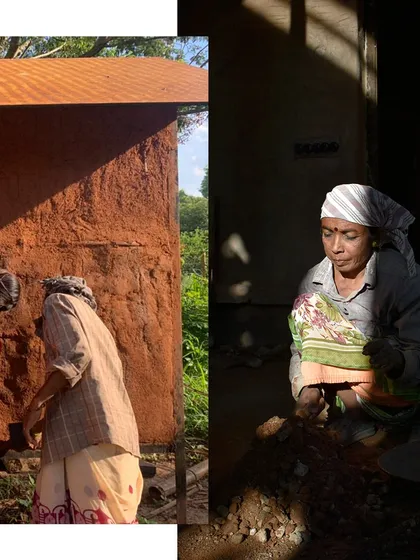 Women masons applying mud plaster at Cheerville. The play of light and shadow highlights their focused work as they transform earth into architecture.