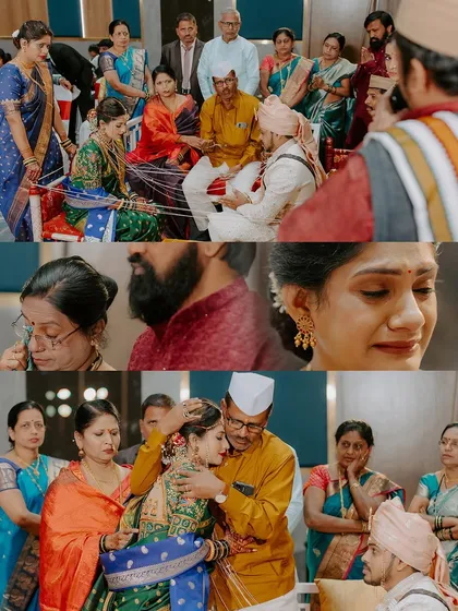 A collage of emotional moments from a Maharashtrian wedding, capturing the tears, the hugs, and the sacred rituals that define the day.