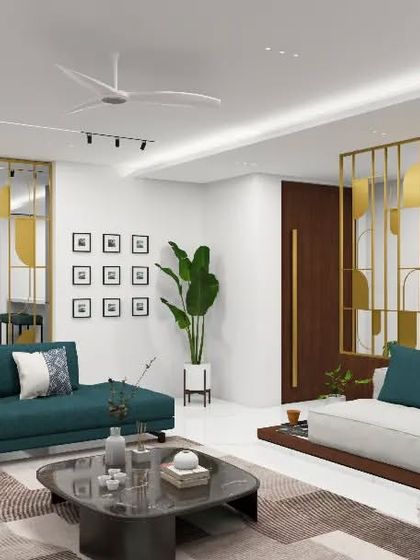 A render of the Park West living room, showcasing how I use color and form to create a dynamic yet harmonious space. The teal and white sofas are arranged for conversation, anchored by a large, patterned rug and framed by the signature brass screen.