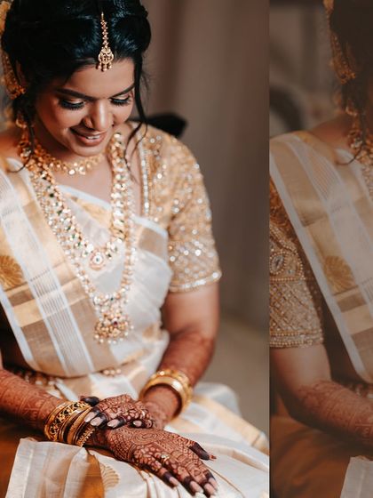 A diptych showing the bride's happy smile and her detailed henna. It captures both her joy and the artistry of her bridal preparation.