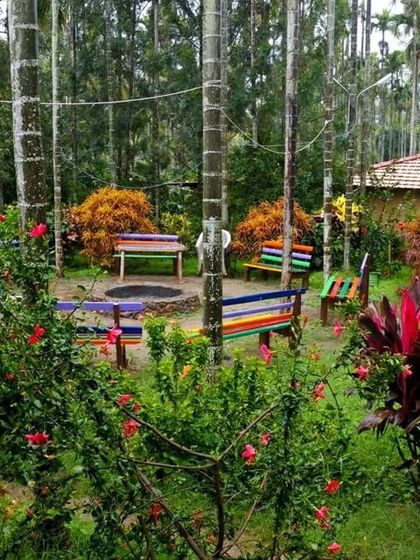 The beautiful garden and seating area at our Chikmagalur homestay, perfect for a campfire night.
