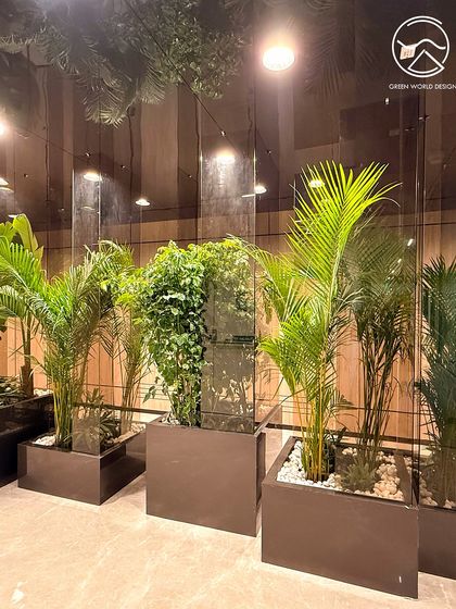 A close-up of the planters in the Hyderabad project. The combination of Areca Palms and other foliage plants in dark, minimalist planters complements the modern, high-end interior design.