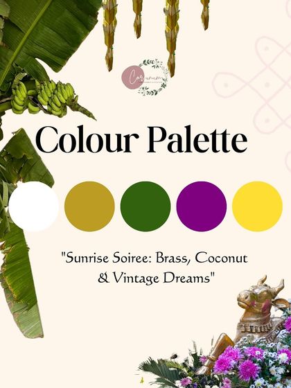 The color palette for a 'Sunrise Soirée' theme, combining white, gold, green, purple, and yellow to evoke a vintage, traditional South Indian feel.