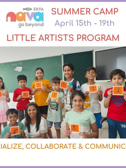 The Little Artists Program focuses on helping children socialize, collaborate, and communicate. A group of happy campers and their instructor show off their completed art projects, embodying the spirit of teamwork.