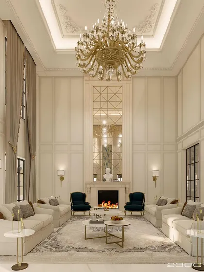 This formal living space captivates with its double-height grandeur, a dazzling crystal chandelier, and a chic fireplace. We used earthy tones with contrasting deep blue chairs to create a haven of sophistication and warmth.