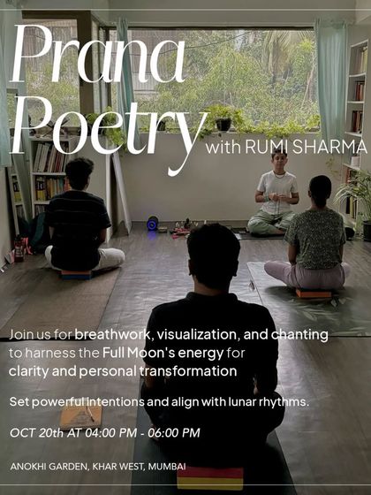 A poster for our Prana Poetry session, a workshop that uses breathwork, visualization, and chanting to harness the Full Moon's energy for clarity and personal transformation.
