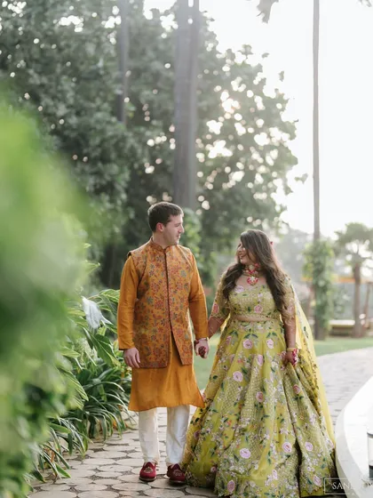 A series of artistic and candid shots of the bride and groom, showcasing their outfits and the beautiful outdoor venue.