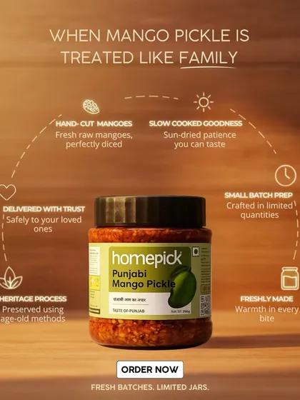 Our Punjabi Mango Pickle is treated like family. We use hand-cut fresh raw mangoes, sun-dry them with patience, and prepare them in small batches using age-old methods. This commitment to the heritage process ensures you get that authentic, freshly made warmth in every bite.